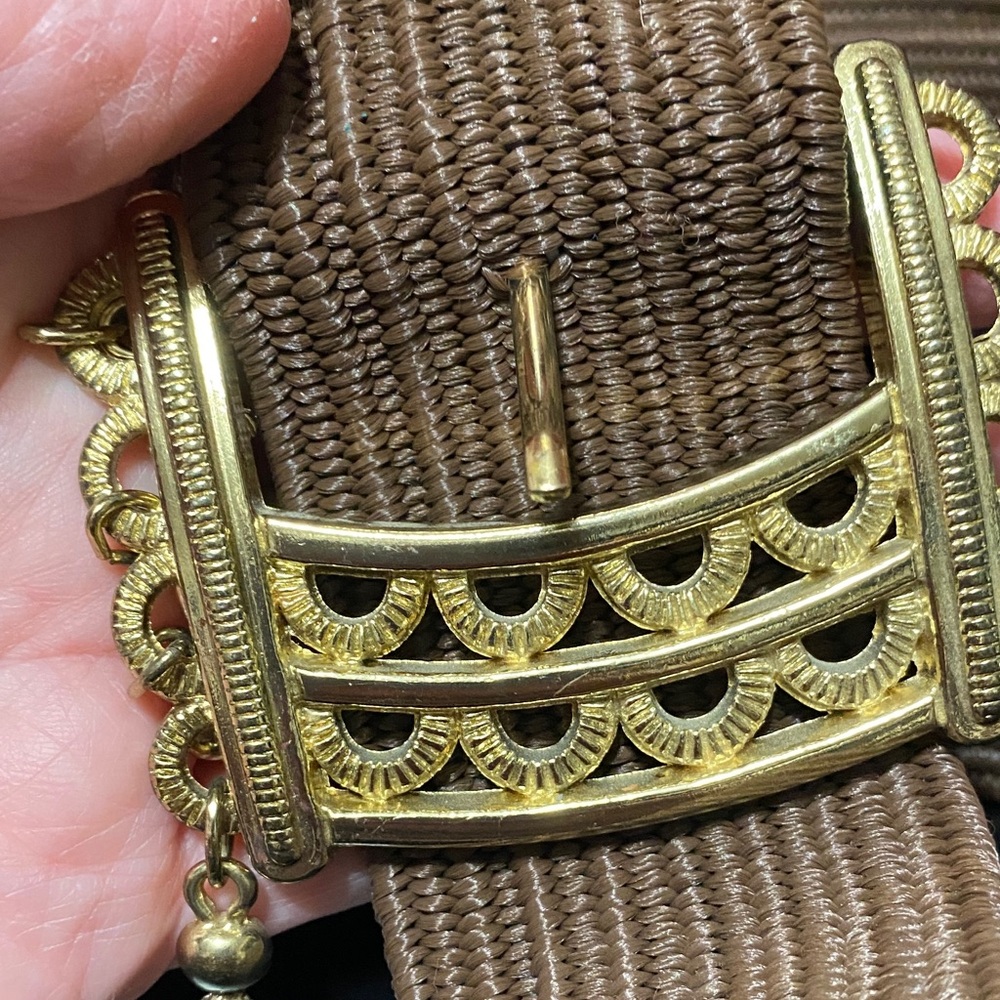 Vintage plus size XL Elegant women’s Gold Buckle stretchy Brown 2 inch wide Belt - Picture 9 of 11